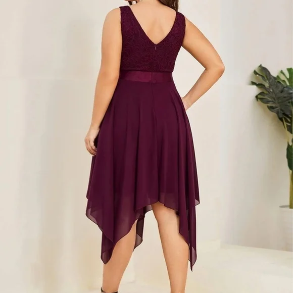 Ever Pretty Sleeveless V-Neck Handkerchief Hem Dress in Burgundy - Picture 2 of 3